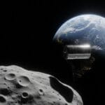 Fabricated image from PN7 asteriod looking at the earth with a cylindrical space station in a high earth orbit as the asteroid travels a high-orbit to the sun.