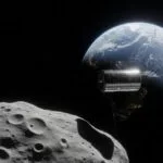 Fabricated image from PN7 asteriod looking at the earth with a cylindrical space station in a high earth orbit as the asteroid travels a high-orbit to the sun.