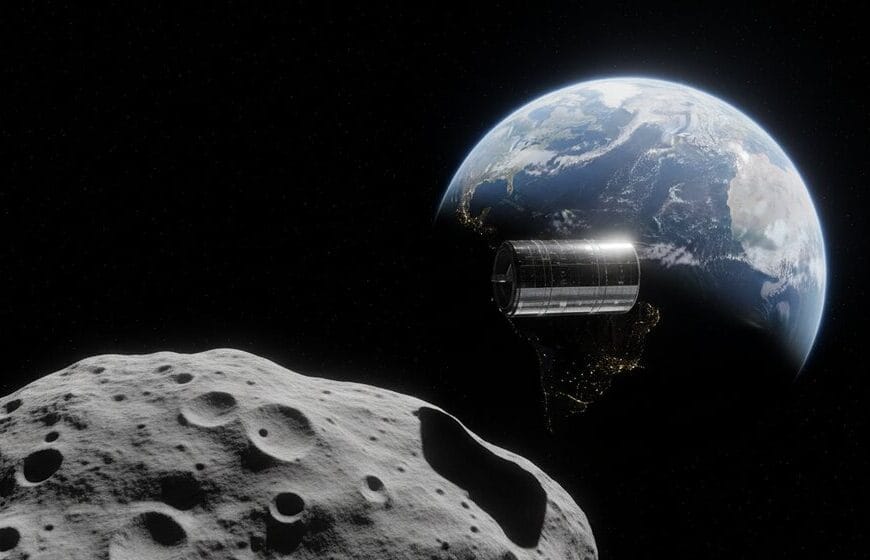 Fabricated image from PN7 asteriod looking at the earth with a cylindrical space station in a high earth orbit as the asteroid travels a high-orbit to the sun.