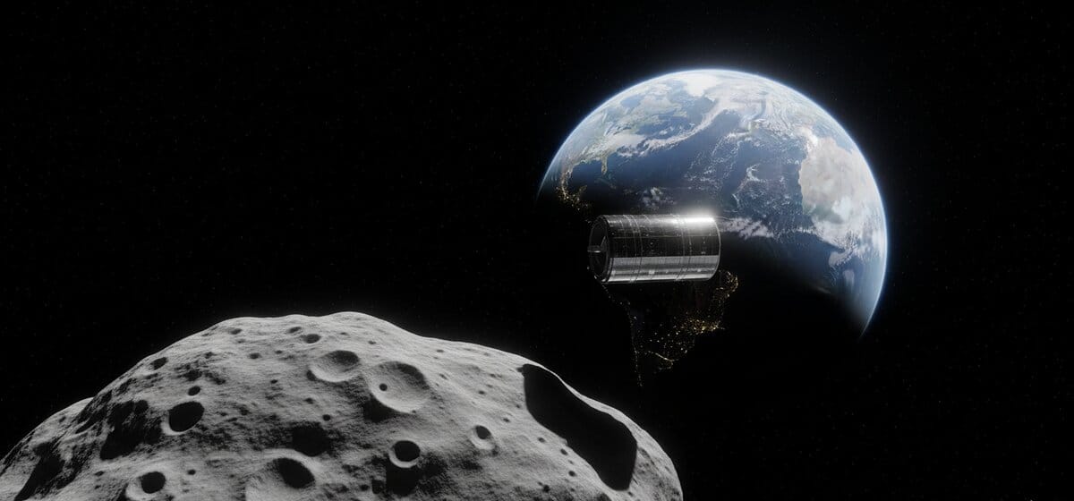 Fabricated image from PN7 asteriod looking at the earth with a cylindrical space station in a high earth orbit as the asteroid travels a high-orbit to the sun.