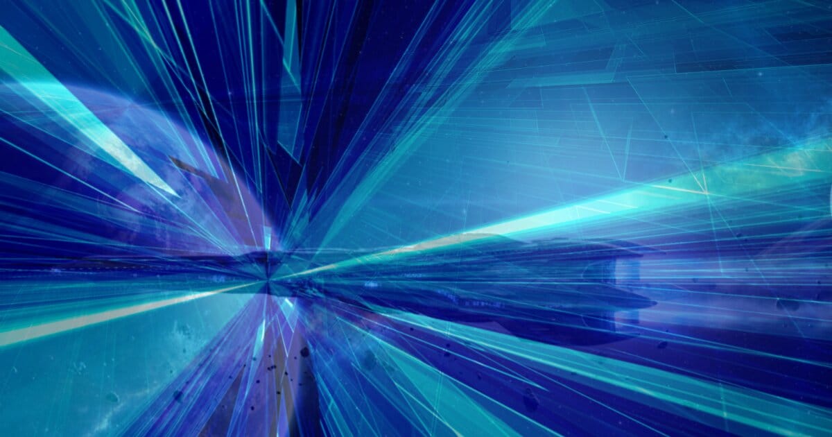 Quantum space transmitting information into space time where a starship is travelling between planets in a obligue mix of quantum and space time.