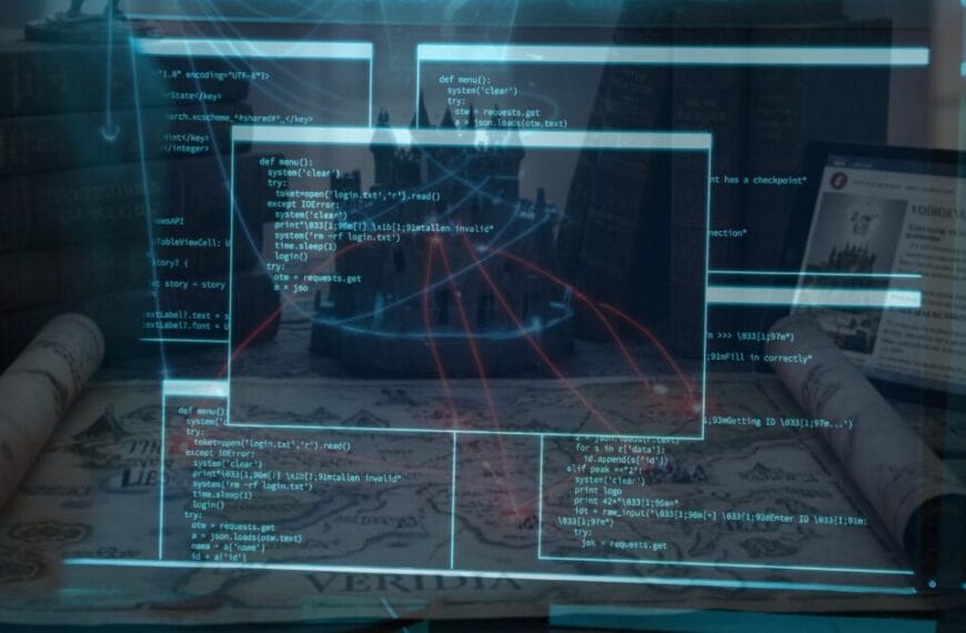 Image of a screen with open consoles and coded functions blended into a mythical castle and books where illuminous linees are connected both worlds.