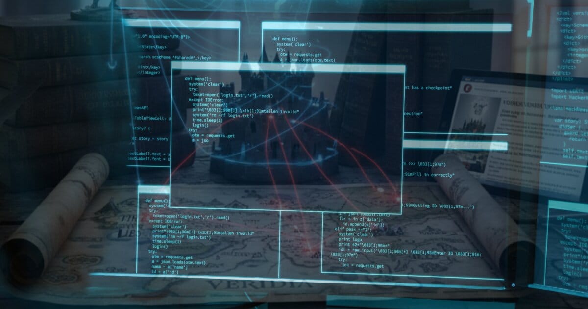 Image of a screen with open consoles and coded functions blended into a mythical castle and books where illuminous linees are connected both worlds.