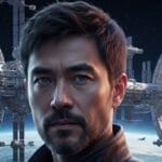 Headshot of the fictional character James Fong, with a landscape image of the orbital space station, Hindsight Stastion, some circa 300 years into the future.