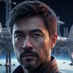 Headshot of the fictional character James Fong, with a landscape image of the orbital space station, Hindsight Stastion, some circa 300 years into the future.