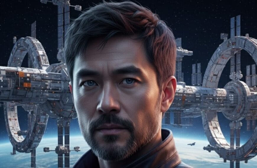 Headshot of the fictional character James Fong, with a landscape image of the orbital space station, Hindsight Stastion, some circa 300 years into the future.