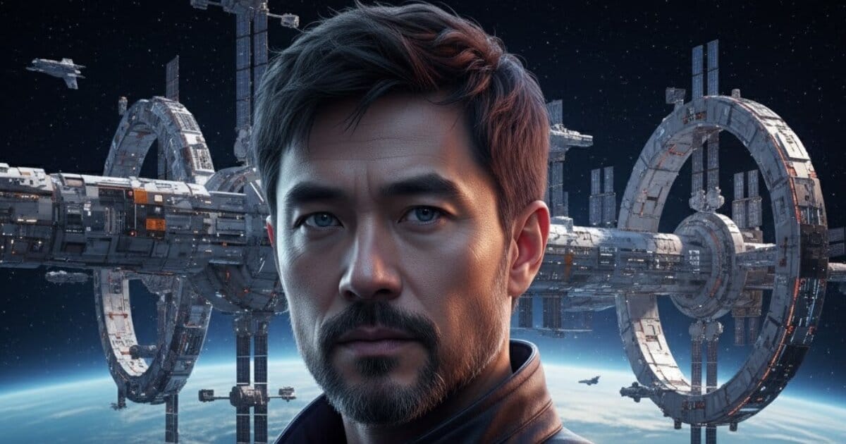 Headshot of the fictional character James Fong, with a landscape image of the orbital space station, Hindsight Stastion, some circa 300 years into the future.