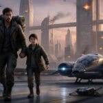 Chapter one image for Hindsight Station: Ashes Reborn. The fictional character James Fong with his son, Daniel in the year 2335 just before Nuclear war broke out.