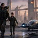 Chapter one image for Hindsight Station: Ashes Reborn. The fictional character James Fong with his son, Daniel in the year 2335 just before Nuclear war broke out.