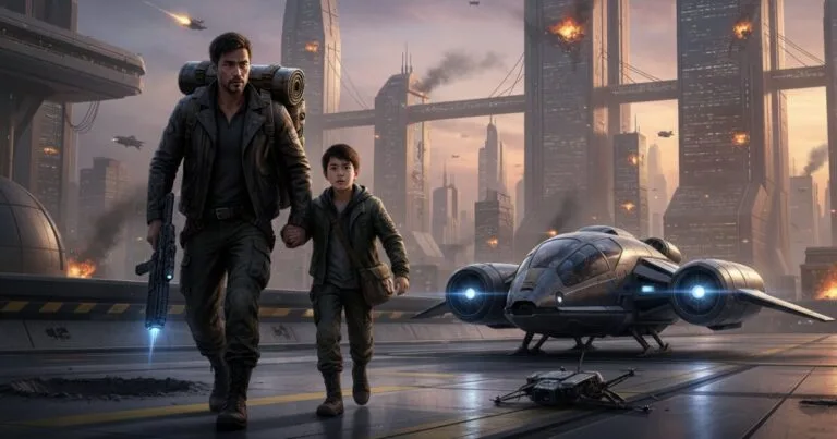 Chapter one image for Hindsight Station: Ashes Reborn. The fictional character James Fong with his son, Daniel in the year 2335 just before Nuclear war broke out.