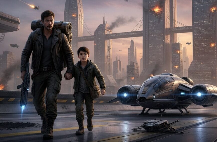Chapter one image for Hindsight Station: Ashes Reborn. The fictional character James Fong with his son, Daniel in the year 2335 just before Nuclear war broke out.