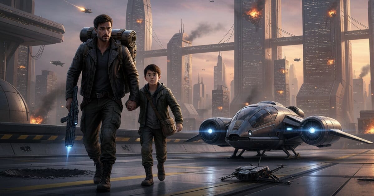Chapter one image for Hindsight Station: Ashes Reborn. The fictional character James Fong with his son, Daniel in the year 2335 just before Nuclear war broke out.