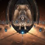 Earth from orbit, badly damaged from Nuclear war, where rocket deployments of satellite units is ongoing in a three hundred year future-setting. Hindsight Station: Ashes Reborn is in large title print across the image.