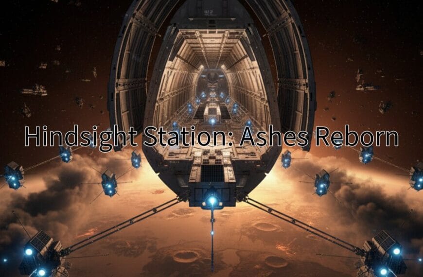 Earth from orbit, badly damaged from Nuclear war, where rocket deployments of satellite units is ongoing in a three hundred year future-setting. Hindsight Station: Ashes Reborn is in large title print across the image.