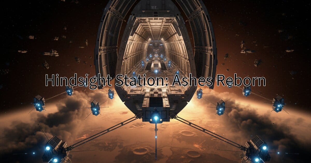 Earth from orbit, badly damaged from Nuclear war, where rocket deployments of satellite units is ongoing in a three hundred year future-setting. Hindsight Station: Ashes Reborn is in large title print across the image.