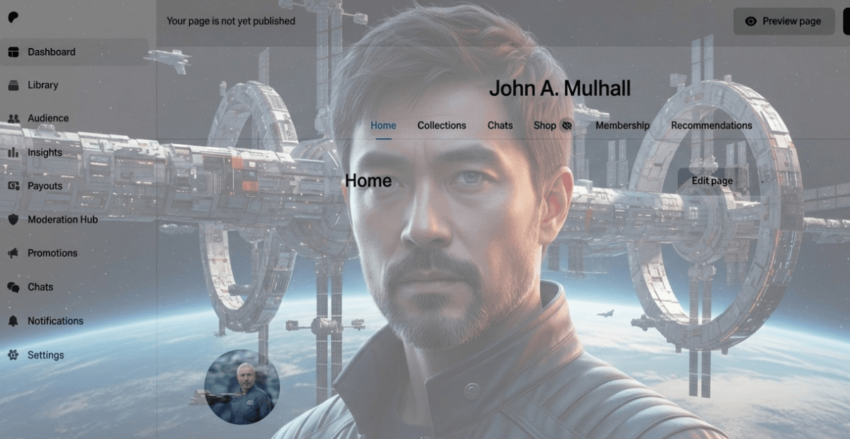 Image of the fictional character, James Fong from Hindsight Station with space station in the background, opaguely blended with an unpublished patreon page.