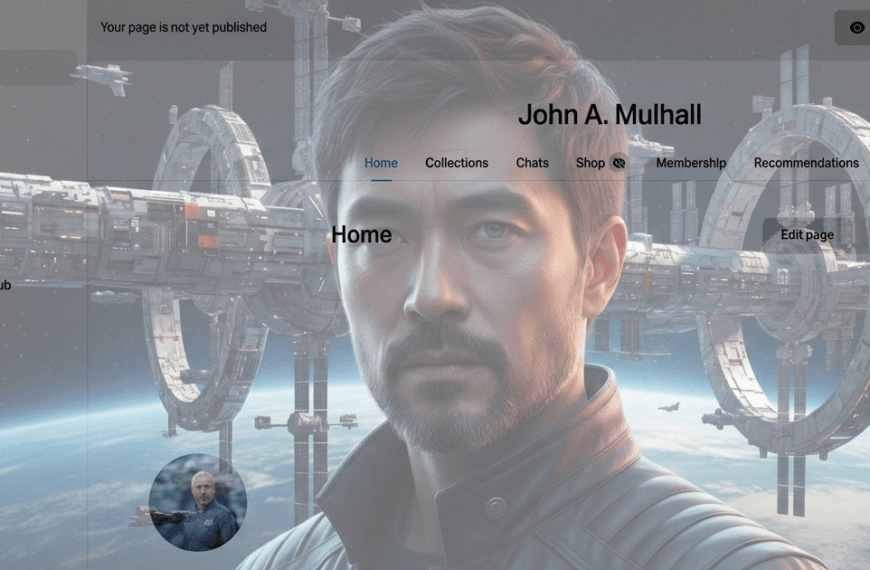 Image of the fictional character, James Fong from Hindsight Station with space station in the background, opaguely blended with an unpublished patreon page.