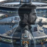 Image of sci-fi space station, Hinsight Station finished, with the sillouette of James Fong, protagonist, opague through the image centre.