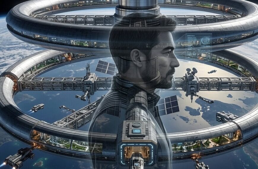 Image of sci-fi space station, Hinsight Station finished, with the sillouette of James Fong, protagonist, opague through the image centre.