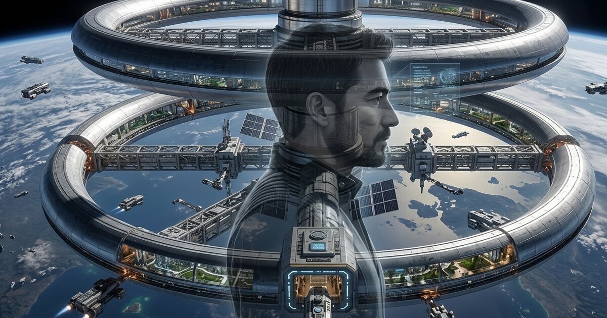 Image of sci-fi space station, Hinsight Station finished, with the sillouette of James Fong, protagonist, opague through the image centre.